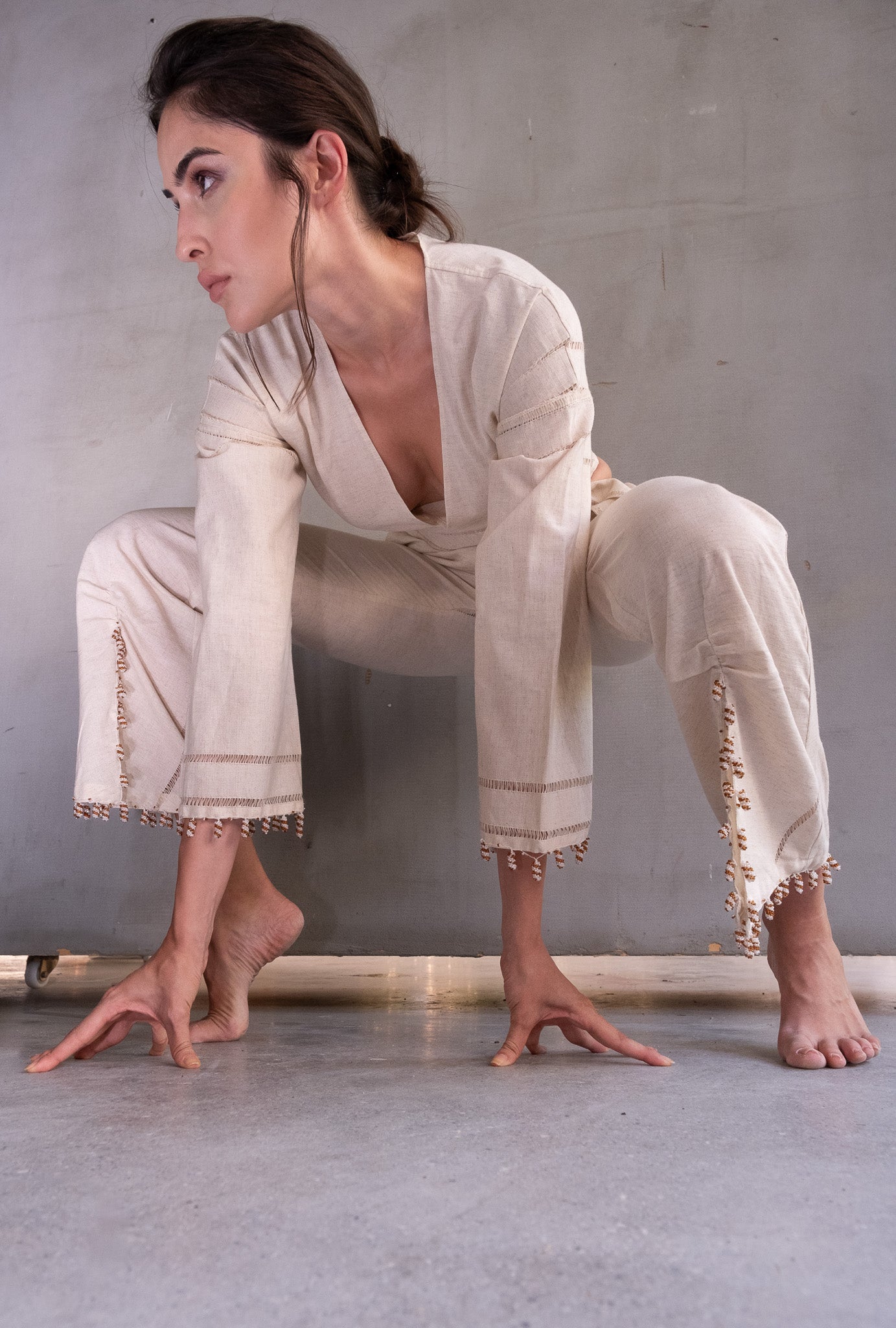 Shirred Pants with Embroidered Slits